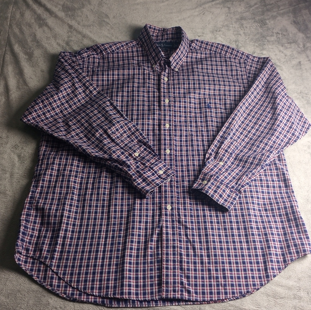 Ralph Lauren Polo Shirt, Men's Blue Plaid Blake Long Sleeve, XL